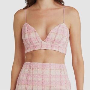 New Bardot Small Pink Plaid Bouclé Woven Bralette Top